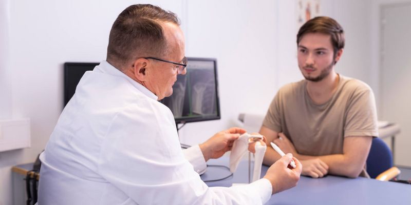 Facharzt für Orthopädie erklärt einem jungen Patienten, wie ein Gelenk funktioniert