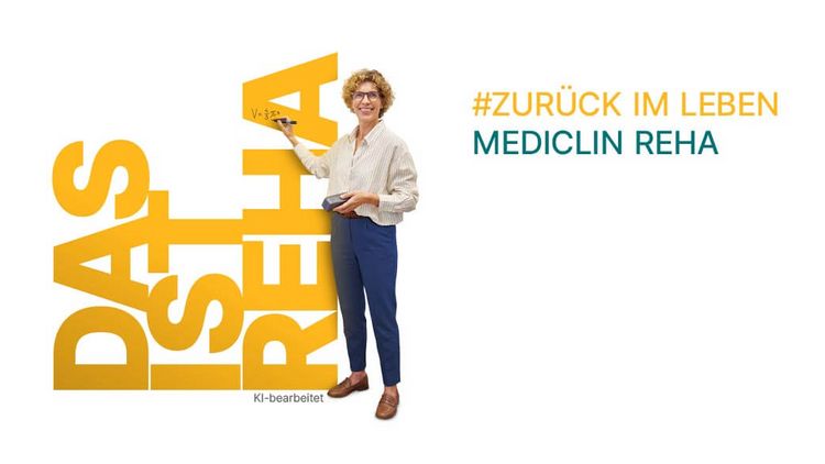 Schriftzug DAS IST REHA, weibliche Person stehend