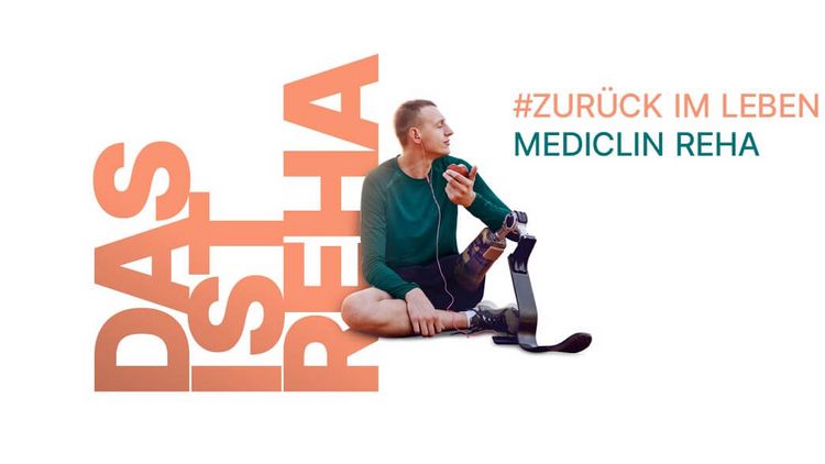 DAS IST REHA Schriftzug, Mann mit Prothese