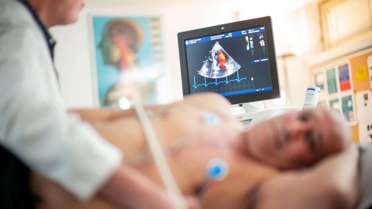 Arzt führt eine Echokardiografie bei einem Patienten aus, im Hintergrund sieht man den Bildschirm