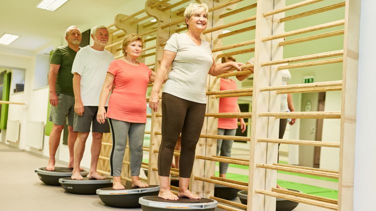 Ältere Patienten trainieren in einer Physiotherapiepraxis an einer Sprossenwand