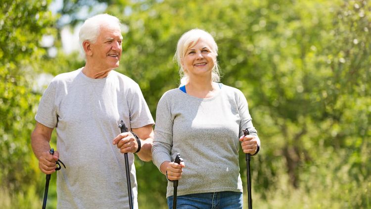 Älteres Paar beim Nordic Walking in der Natur