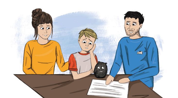 Zeichnung eines Aufnahmegesprächs in der psychiatrischen Kinderstation mit Mutter, jungem Patienten und Klinikmitarbeiter