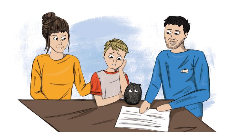 Zeichnung eines Aufnahmegesprächs in der psychiatrischen Kinderstation mit Mutter, jungem Patienten und Klinikmitarbeiter
