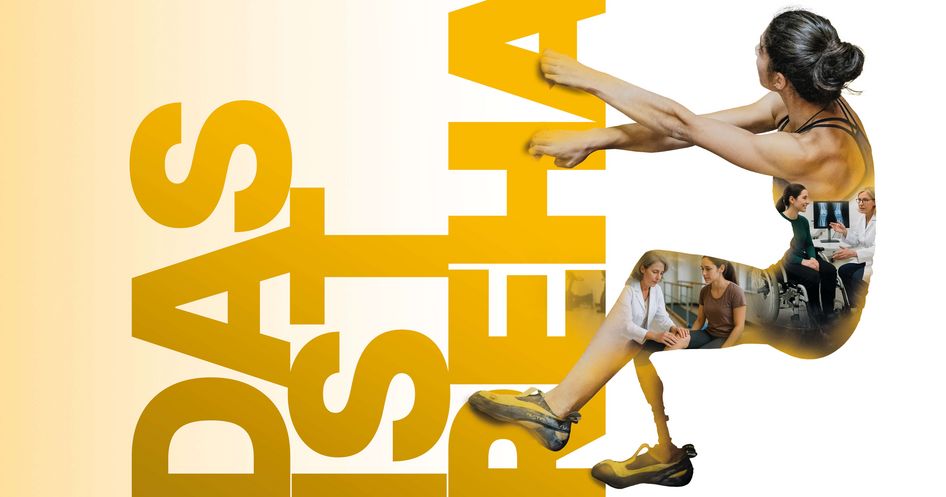 Schriftzug: Das ist Reha und eine Kletterin, die sich an den Schriftzug hängt