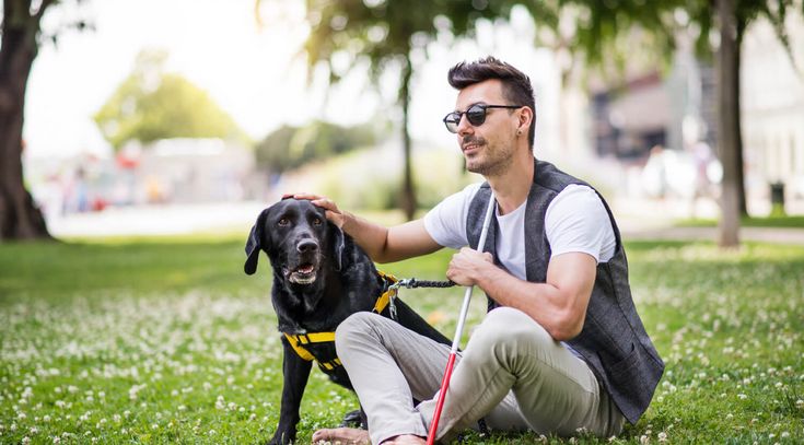 Junger blinder Mann mit Blindenführhund